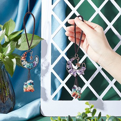 2Pcs 2 Style Chip Gemstone Beaded Tassel Car Hanging Ornaments HJEW-CP0001-04-1