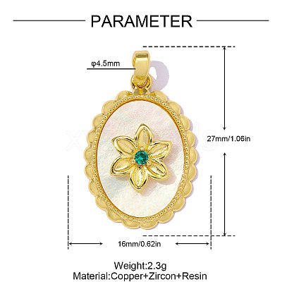 Brass Micro Pave Green Cubic Zirconia with Shell Pendants CU-OY001-52G-1
