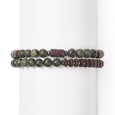 Natural Serpentine & Synthetic Non-magnetic Hematite Beads Energy Stretch Bracelets Set BJEW-JB07142-05-1