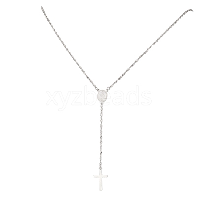 201 Stainless Steel Virgin Cross Pendant 304 Stainless Steel Singapore Chain Rosary Bead Necklaces for Women Men NJEW-JN05436-1