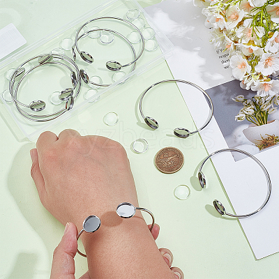 10Pcs 304 Stainless Steel Cuff Blank Bangle Bases with Flat Round Trays STAS-UN0064-30-1