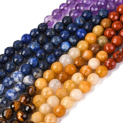 Chakra Theme Natural Red Rainbow Jasper & Yellow Aventurine & Tiger Eye & Green Aventurine & Blue Spot Stone & Lapis Lazuli & Amethyst Beads Strands G-F668-14-6mm-1