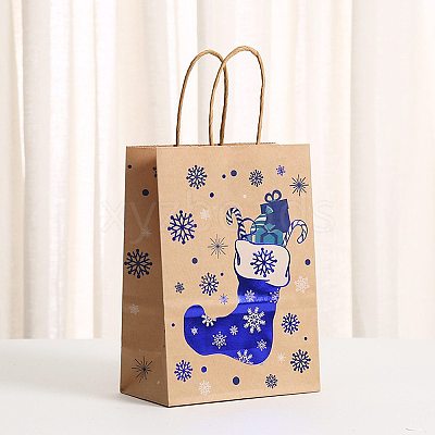 Christmas Theme Blue Printed Kraft Paper Tote Bags with Handles ABAG-B006-05F-1