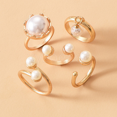 Zinc Alloy & Plastic Imitation Pearl Round Beads Finger Rings Sets WG9DC8A-01-1