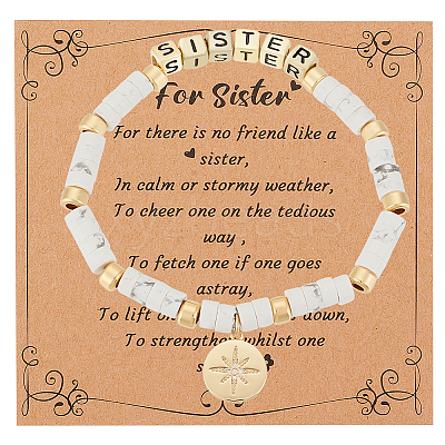 Word Sister Synthetic Howlite & Brass Beaded Stretch Bracelet BJEW-OC0001-14-1