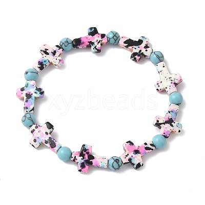 Baking Paint Synthetic Turquoise Cross & Round Beads Stretch Bracelets for Men Women BJEW-JB12341-03-1