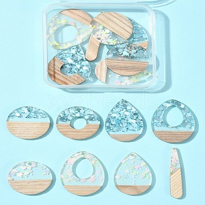 16Pcs 8 Styles Transparent Resin & White Wood Pendants RESI-FS0001-82-1