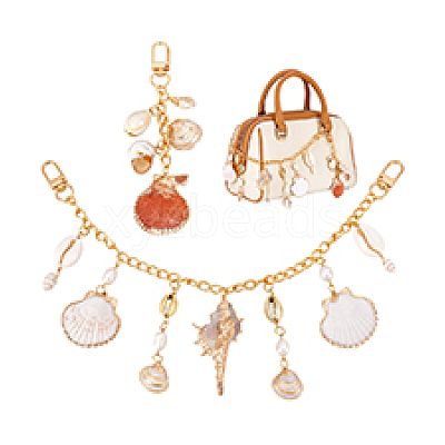 1Pc Natural Shell Charm Aluminium Curb Chains Bag Decorative Chains with 1Pc Pendant Decorations HJEW-PH02264-1