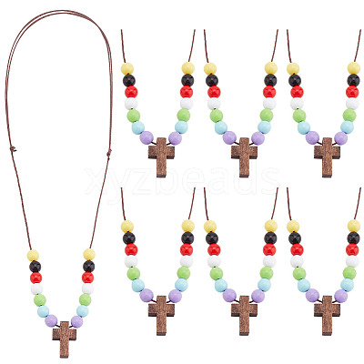 Wood Cross with Acrylic Beaded Pendant Necklaces for Women NJEW-AB00012-1