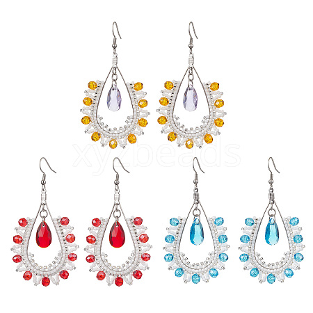 3Pairs Handmade Glass Seed Beads Teardrop Dangle Earrings EJEW-MZ00296-1