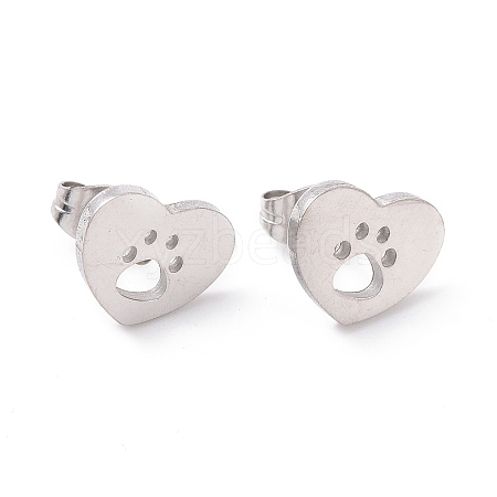 304 Stainless Steel Heart with Dog Paw Print Stud Earrings for Women EJEW-G328-02P-1