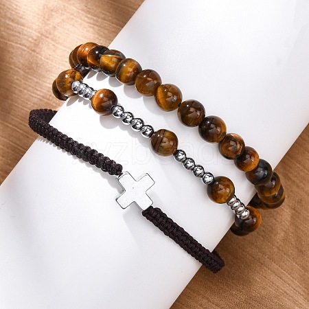 Adjustable Natural Tiger Eye & Hematite Braided Bead Bracelets BJEW-U035-01B-1