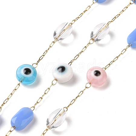 Flat Round with Evil Eye Glass Beaded Chains AJEW-J035-04G-01-1