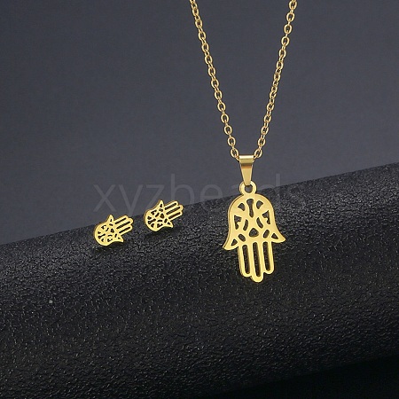 304 Stainless Steel Hamsa Hand Stud Earrings and Pendant Necklace AJEW-B019-05-1