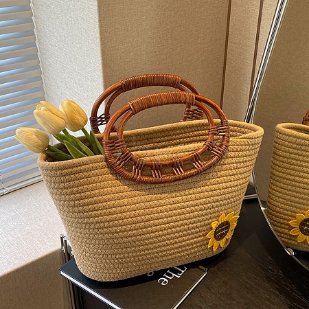 Flower Patchwork Woven Pattern Handheld Basket Bag PW-WG44119-02-1