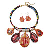 Aluminum Wire Wrapped Resin Beaded Oval Pendant Necklaces & Flat Round Dangle Earrings Sets WGF604D-01-2