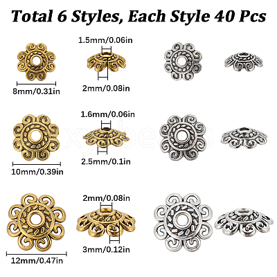 240Pcs 6 Styles Tibetan Style Alloy Bead Caps FIND-SC0008-02-1