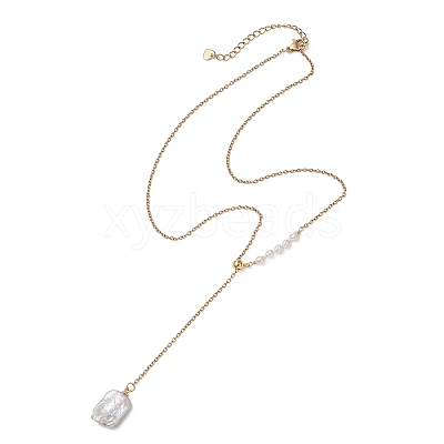 Adjustable Natural Keshi Pearl Rectangle Pendant 304 Stainless Steel Cable Chain Lariat Y Necklaces NJEW-JN05950-1