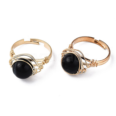 Adjustable Natural & Synthetic Gemstone Round Finger Rings RJEW-T020-01KC-1