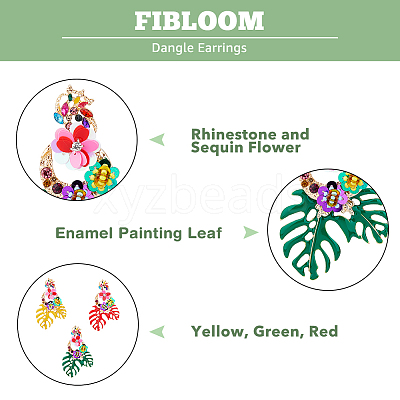 3 Pairs 3 Colors Flower & Leaf Rhinestone Dangle Stud Earrings EJEW-FI0003-21-1