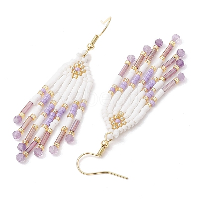 Woven Seed Beads & Natural Gemstone Tassel Earrings EJEW-MZ00154-1