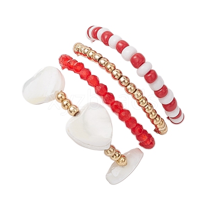 Transparent Glass Beads with Brass Beads and Natural Trochid Shell/Trochus Shell Beads and Glass Seed Beads Rings RJEW-TA00188-1