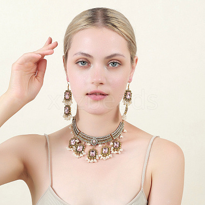 Rectangle Alloy Glass Choker Necklace & Earrings Sets for Women FS-WG507E8-04-1