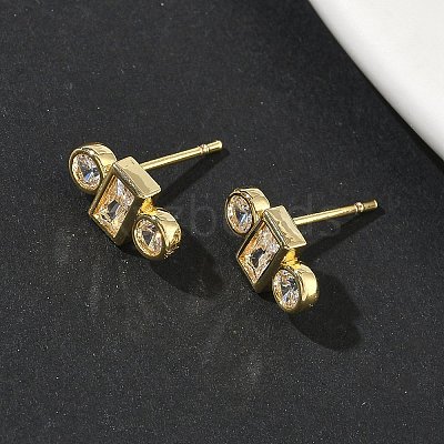 Rectangle with Flat Round Brass Micro Pave Clear Cubic Zirconia Stud Earrings X-EJEW-G452-12G-1