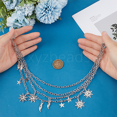 Alloy Moon Sun Star Double Layer Tassel Waist Chains AJEW-GF0013-25P-1