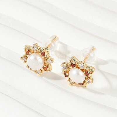 Brass Imitation Pearl Stud Earrings KK-D301-07G-1