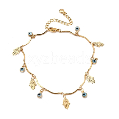 Bohemian Brass & Resin Light Blue Evil Eye & Hamda Hand Tassel Anklets AJEW-Z046-01G-1