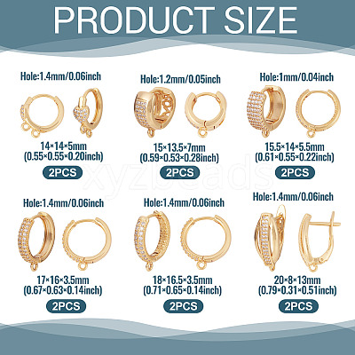 12Pcs 6 Styles Brass Micro Pave Cubic Zirconia Hoop Earring Finding KK-TA0002-57-1