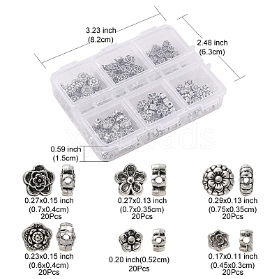 120Pcs 6 Style Tibetan Style Alloy Flower Beads TIBE-YW0001-26-1