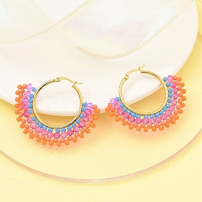 304 Stainless Steel & Bohemian Beaded Fan Hoop Earrings for Women EJEW-R001-01G-05-1