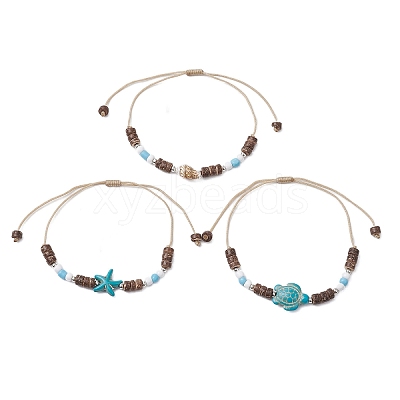 3Pcs 3 Styles Summer Beach Starfish Turtle Shell Shape Adjustable Anklets AJEW-AN00635-1