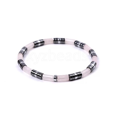 Bohemian Natural Rose Quartz & Platinum Synthetic Non-magnetic Hematite Beaded Stretch Bracelets for Women LS-NY1304-1-1