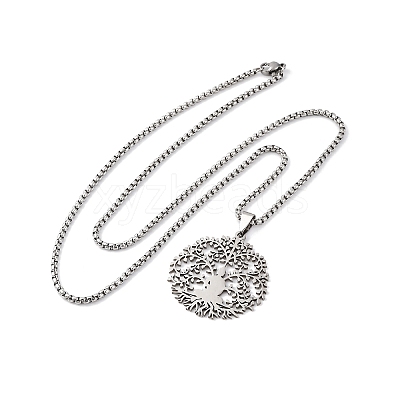 201 Stainless Steel Buddha Yoga Tree of Life Pendant Necklaces NJEW-S440-11P-1