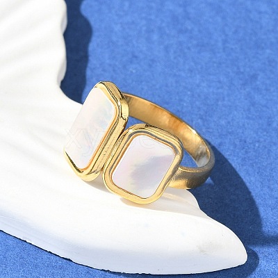 Rectangle 304 Stainless Steel White Shell Cuff Rings for Women RJEW-G346-04G-02-1