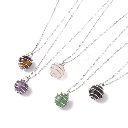 Natural Gemstone Cage Pendant Necklace with 304 Stainless Steel Cable Chains for Women X-NJEW-JN03905-01-1