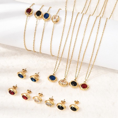 304 Stainless Steel & Cubic Zirconia Stud Earrings & Pendant Necklaces & Link Bracelets Sets SA-CBADCF0-02G-1