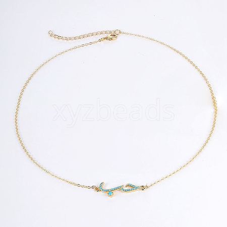 Cubic Zirconia Wave Pendant Necklace with Golden Brass Chains RP3424-1-1