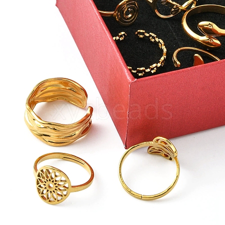 8Pcs 8 Style Flower & Leaf & Whale Tail & Snake Stainless Steel Open Cuff Ring Sets RJEW-FS0001-01-1