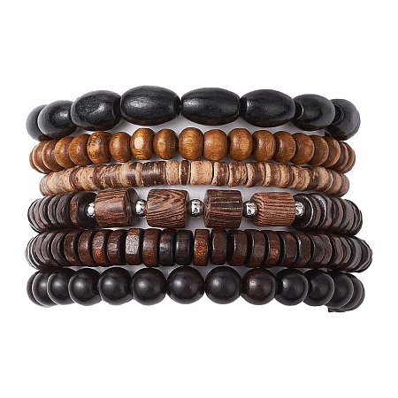 6Pcs Natural Coconut & Wood Beads Bracelets BJEW-JB11391-1