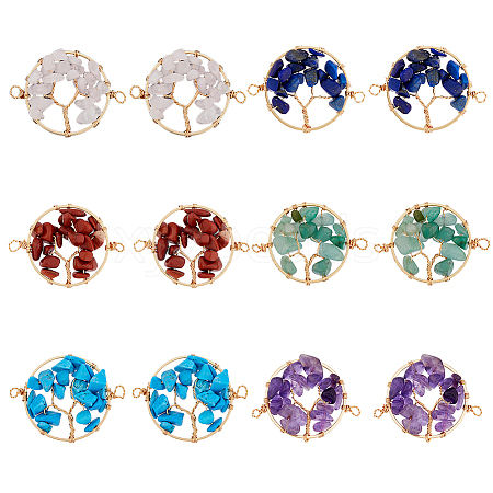 HOBBIESAY 12Pcs 6 Styles Natural & Synthetic Mixed Gemstone Chip Tree of Life Connector Charms FIND-HY0002-71-1