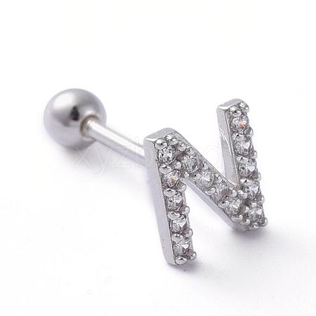 Rhodium Plated 925 Sterling Silver Micro Pave Clear Cubic Zirconia Letter Barbell Cartilage Earrings STER-I018-13P-N-1