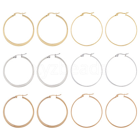  6 Pairs 6 Style 304 Titanium Steel Flattened Big Hoop Earrings for Women STAS-TA0001-89-1