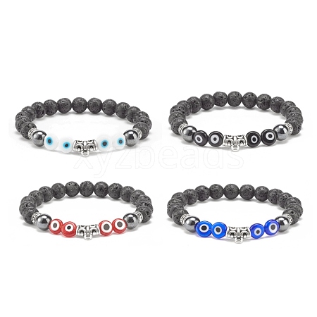 Natural Lava Rock & Synthetic Hematite Stretch Bracelet with Lampwork Evil Eye Beaded BJEW-JB08308-1