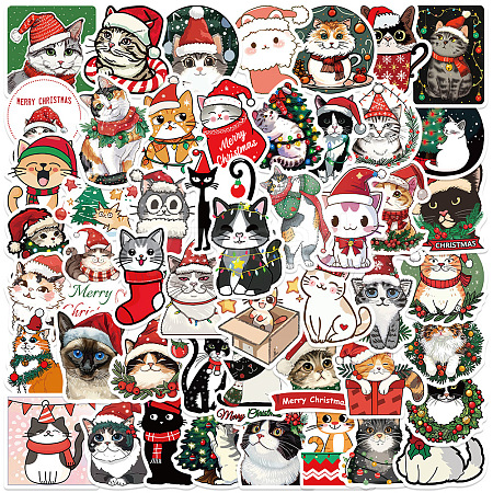 50Pcs Christmas Theme Kitten Cartoon PVC Self-Adhesive Waterproof Stickers PW-WG3E9C9-01-1