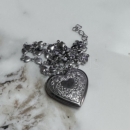 201 Stainless Steel Flower Embossed Heart Locket Pendant Necklaces FS-WG7690C-02-1