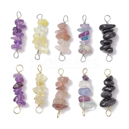 10Pcs 5 Styles Constellation Natural Strawberry Quartz & Amethyst & Obsidian & Fluorite & Rose Quartz Copper Wire Wrapped Chip Beaded Connector Charms PALLOY-JF02905-02-1